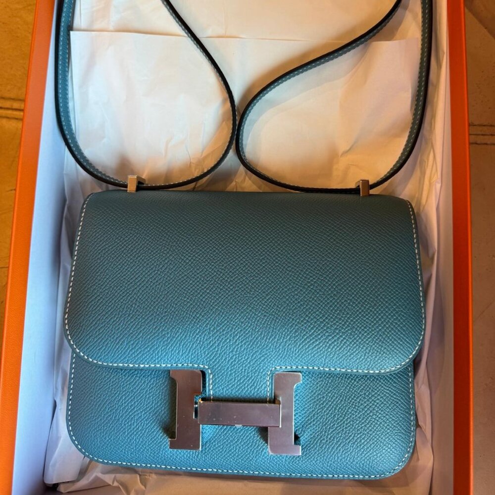 NEW Hermes Constance Mini Mirror Epsom Calfskin New Blue Jean Bag